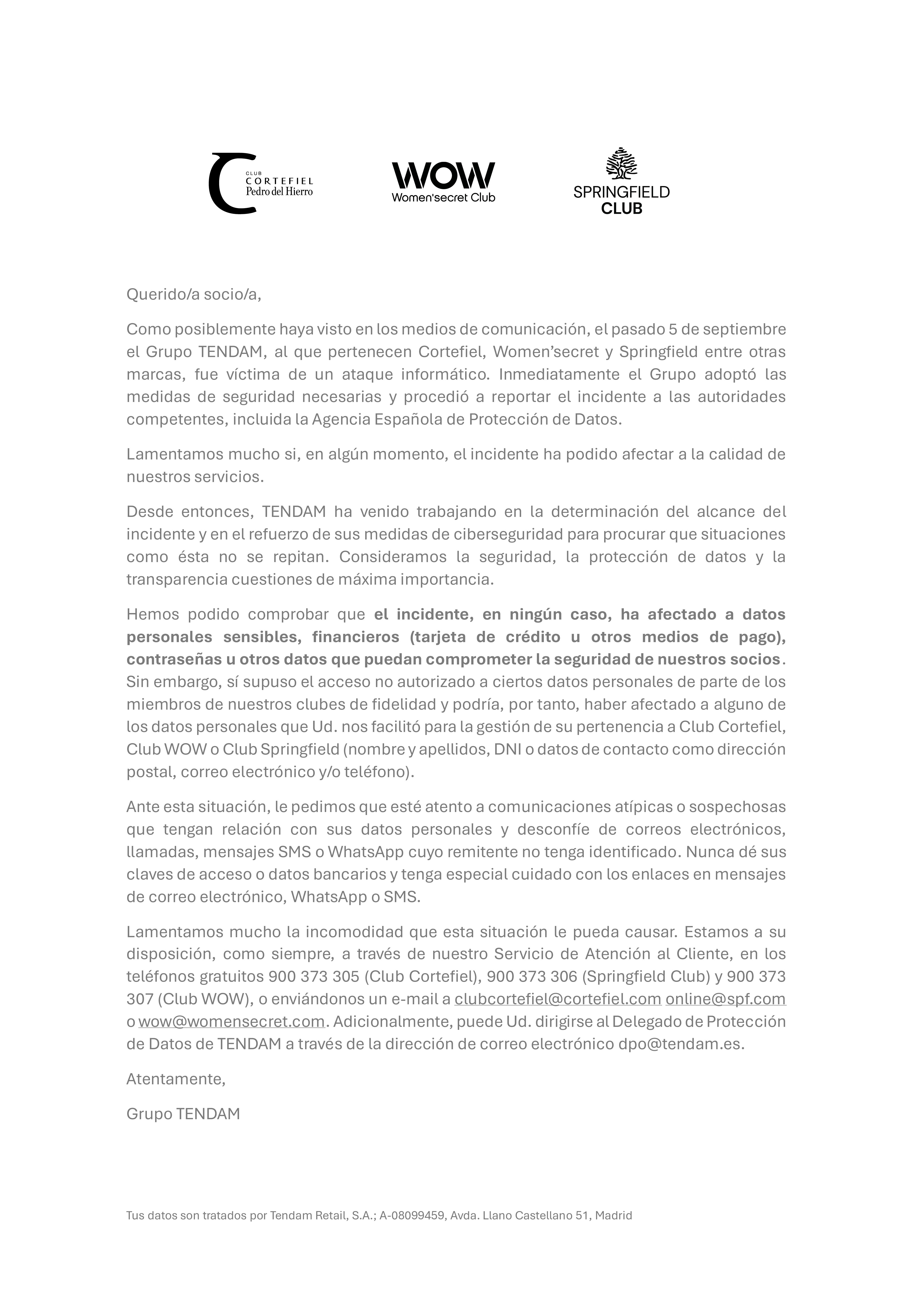 Carta ciberataque Cortefiel
